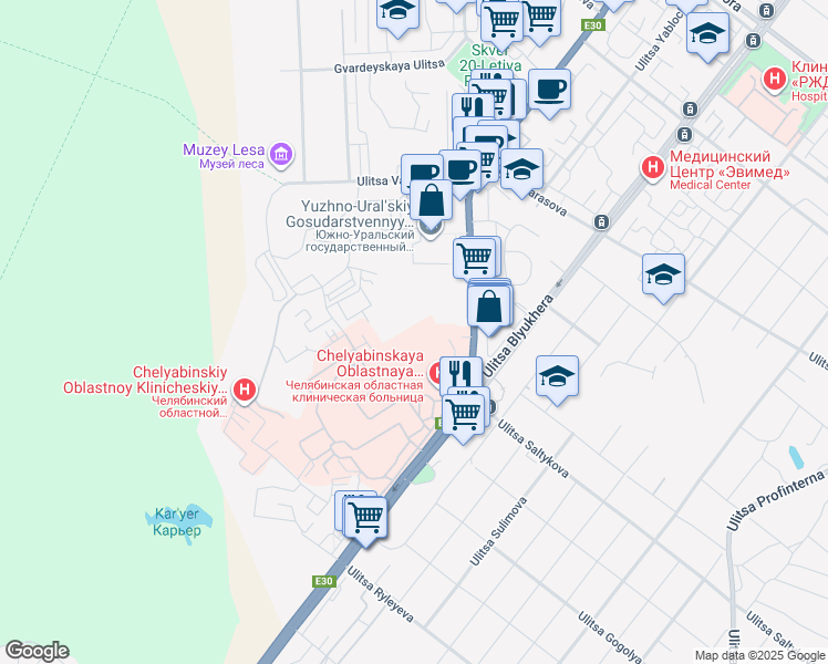 map of restaurants, bars, coffee shops, grocery stores, and more near in Chelyabinsk