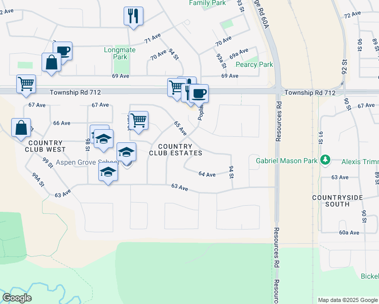 map of restaurants, bars, coffee shops, grocery stores, and more near 6430 94A Street in Grande Prairie