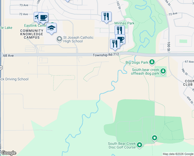 map of restaurants, bars, coffee shops, grocery stores, and more near 6541 Grande Banks Drive in Grande Prairie