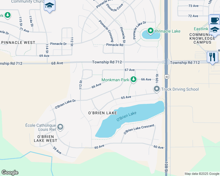 map of restaurants, bars, coffee shops, grocery stores, and more near 6506 O'Brien Lake Drive in Grande Prairie