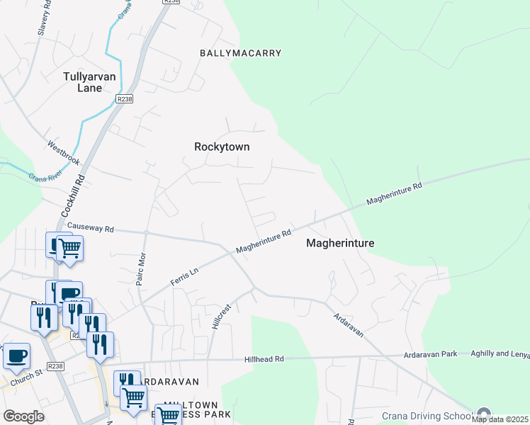 map of restaurants, bars, coffee shops, grocery stores, and more near Burwood in Buncrana