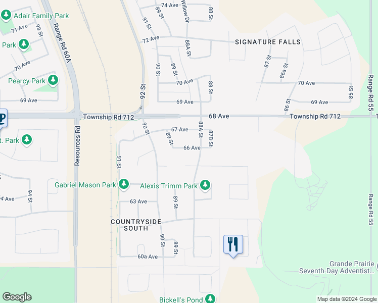 map of restaurants, bars, coffee shops, grocery stores, and more near 8817 66 Avenue in Grande Prairie
