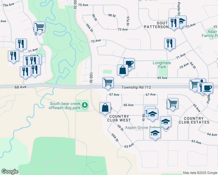 map of restaurants, bars, coffee shops, grocery stores, and more near 21105 68 Avenue in Grande Prairie