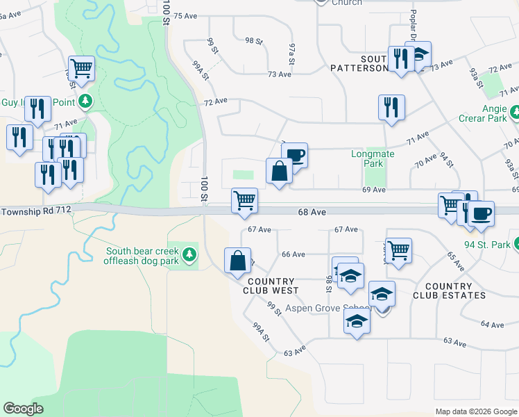 map of restaurants, bars, coffee shops, grocery stores, and more near Township Road 712 in Grande Prairie