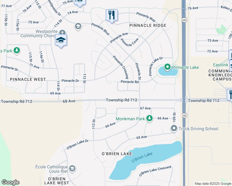 map of restaurants, bars, coffee shops, grocery stores, and more near 31 Pinnacle Road in Grande Prairie