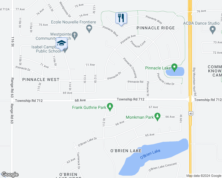 map of restaurants, bars, coffee shops, grocery stores, and more near 161 Pinnacle Drive in Grande Prairie