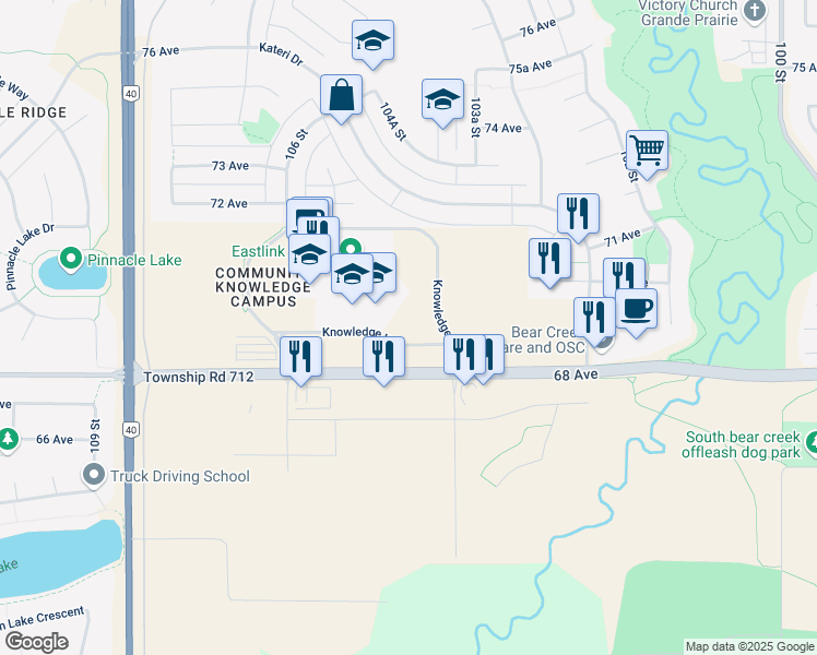 map of restaurants, bars, coffee shops, grocery stores, and more near 10520 68 Avenue in Grande Prairie
