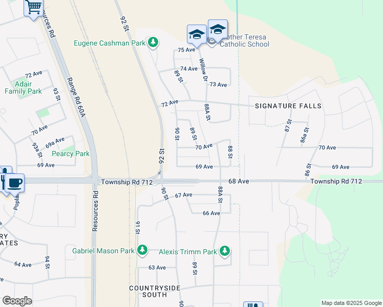 map of restaurants, bars, coffee shops, grocery stores, and more near 8917 B 70 Avenue in Grande Prairie