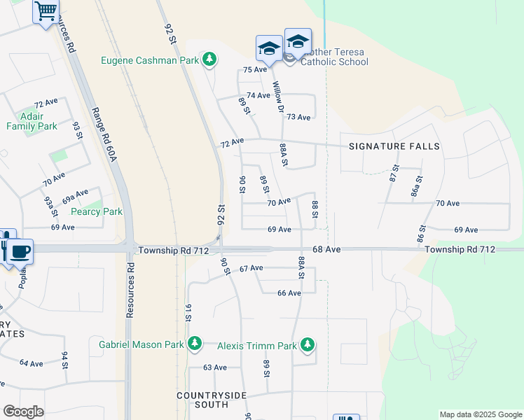 map of restaurants, bars, coffee shops, grocery stores, and more near 8917 B 70 Avenue in Grande Prairie