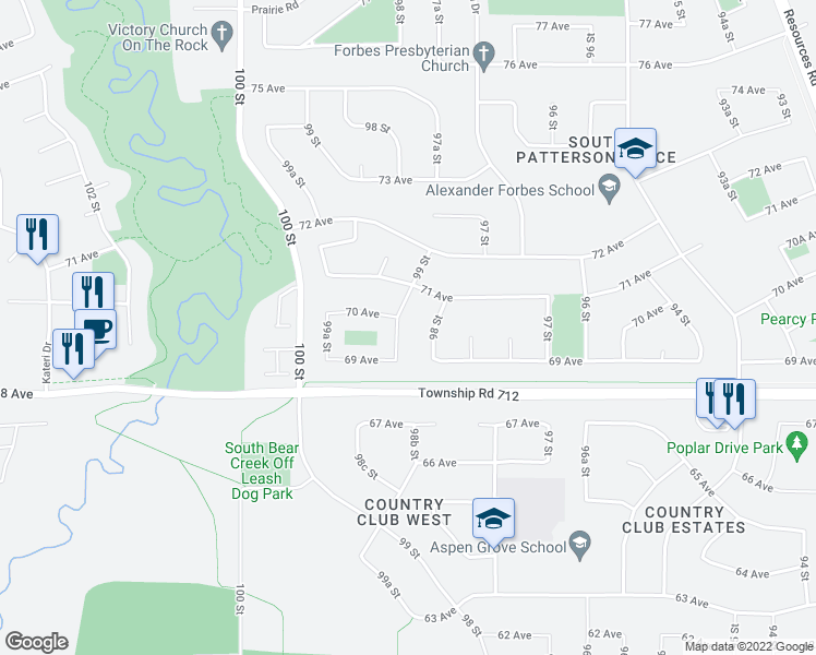 map of restaurants, bars, coffee shops, grocery stores, and more near 6929 99 Street in Grande Prairie