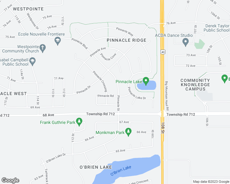 map of restaurants, bars, coffee shops, grocery stores, and more near 16 Pinnacle Street in Grande Prairie