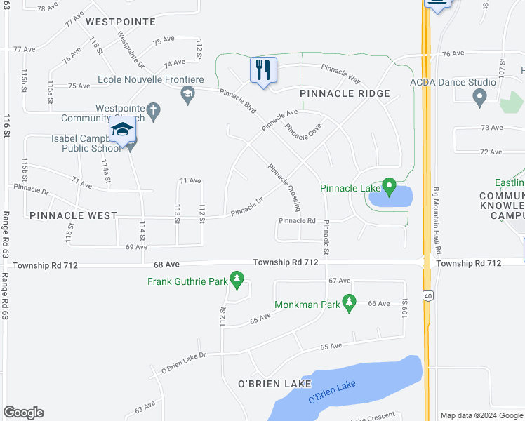 map of restaurants, bars, coffee shops, grocery stores, and more near 169 Pinnacle Drive in Grande Prairie