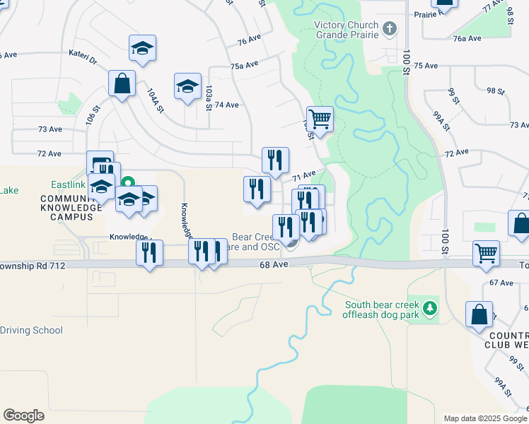 map of restaurants, bars, coffee shops, grocery stores, and more near 10329 70 Avenue in Grande Prairie