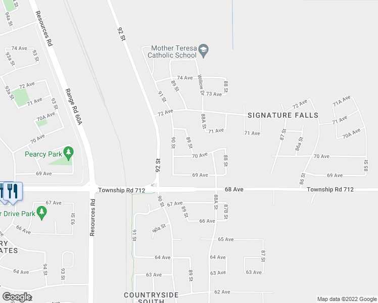 map of restaurants, bars, coffee shops, grocery stores, and more near 8902 70 Avenue in Grande Prairie