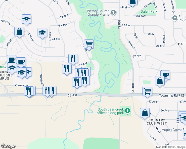 map of restaurants, bars, coffee shops, grocery stores, and more near 8825 70 Avenue in Grande Prairie
