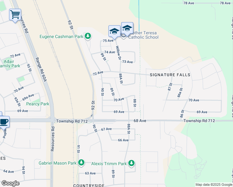 map of restaurants, bars, coffee shops, grocery stores, and more near 8825 70 Avenue in Grande Prairie