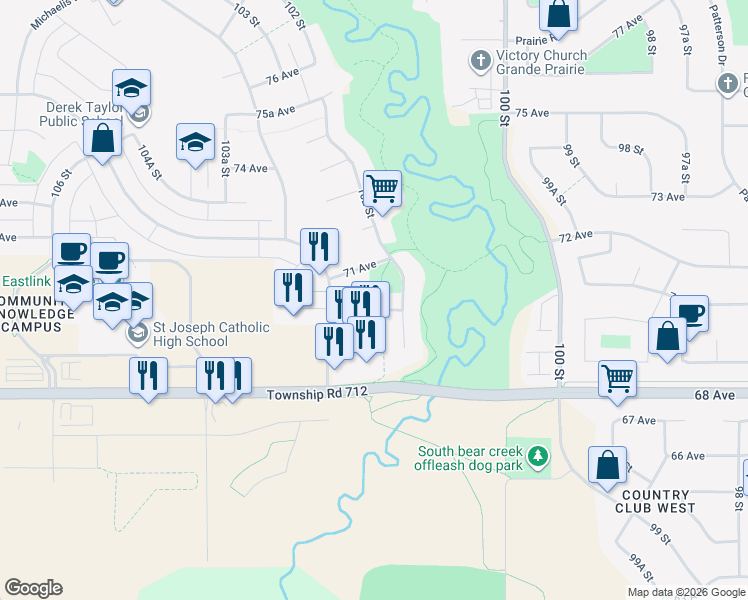map of restaurants, bars, coffee shops, grocery stores, and more near 10218 70 Avenue in Grande Prairie