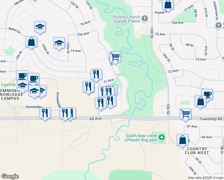 map of restaurants, bars, coffee shops, grocery stores, and more near 10222 70 Avenue in Grande Prairie