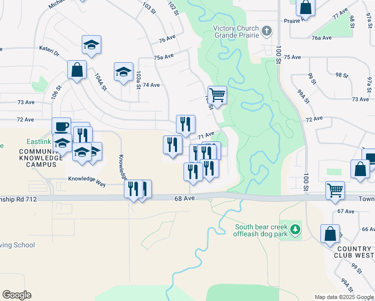 map of restaurants, bars, coffee shops, grocery stores, and more near 10302 70 Avenue in Grande Prairie