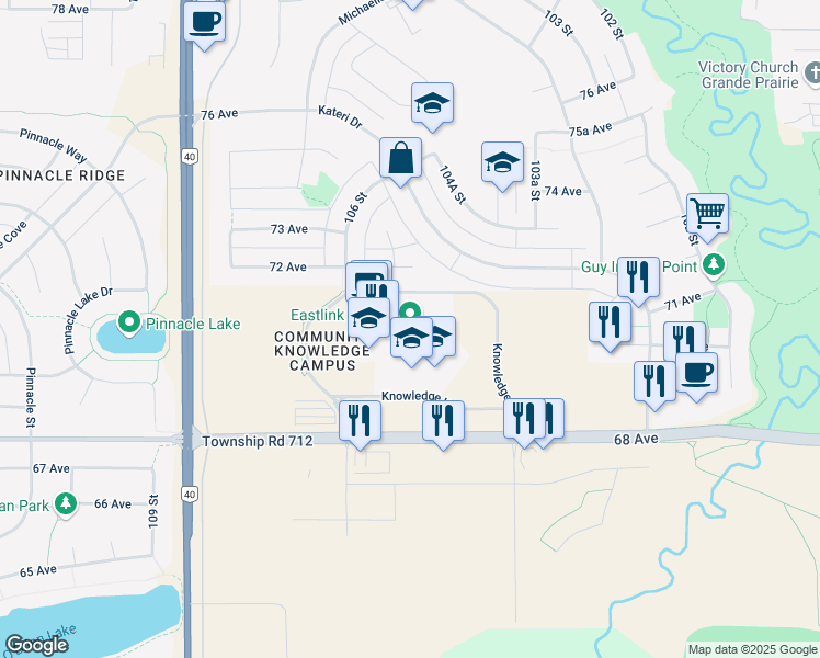 map of restaurants, bars, coffee shops, grocery stores, and more near 10 Knowledge Way in Grande Prairie