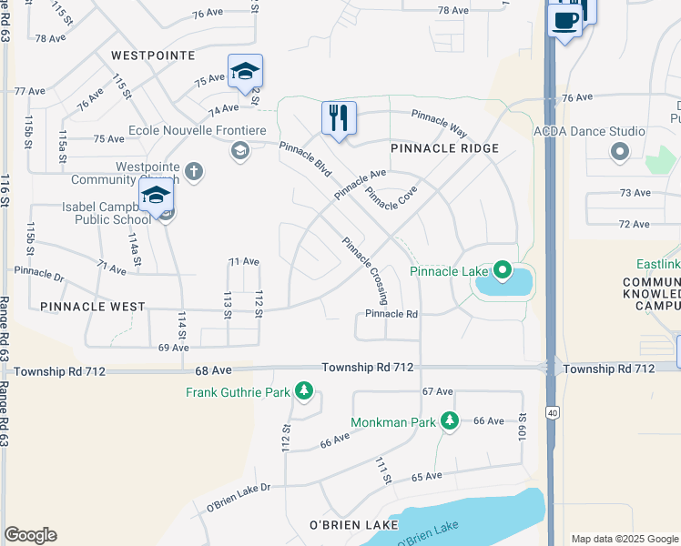 map of restaurants, bars, coffee shops, grocery stores, and more near 190 Pinnacle Drive in Grande Prairie