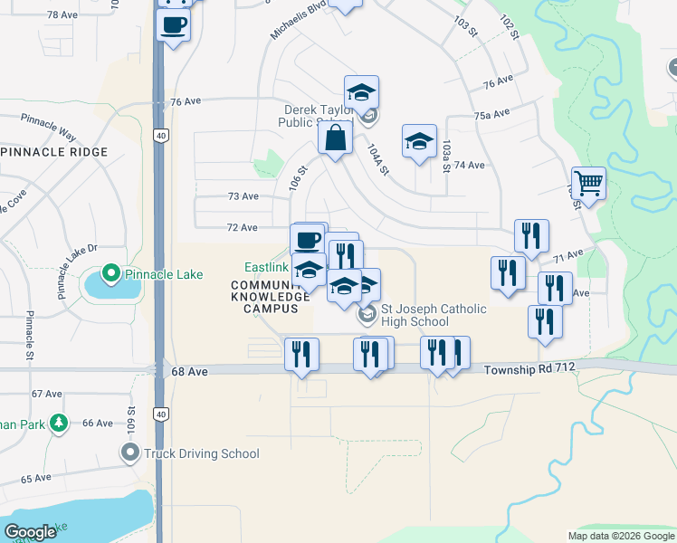 map of restaurants, bars, coffee shops, grocery stores, and more near 10 Knowledge Way in Grande Prairie