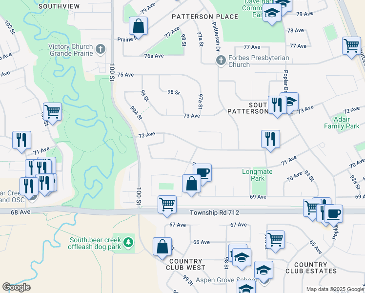 map of restaurants, bars, coffee shops, grocery stores, and more near 7113 99A Street in Grande Prairie