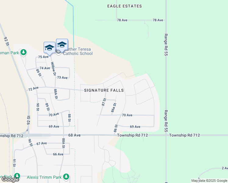 map of restaurants, bars, coffee shops, grocery stores, and more near 7105 86A Street in Grande Prairie