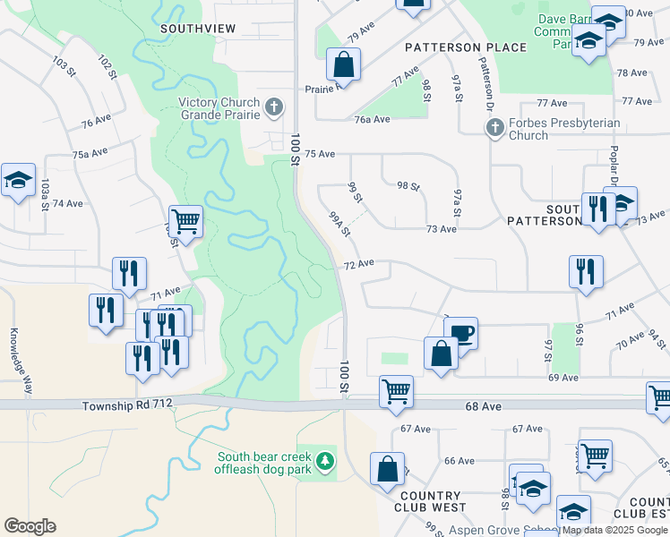 map of restaurants, bars, coffee shops, grocery stores, and more near 7014 100 Street in Grande Prairie