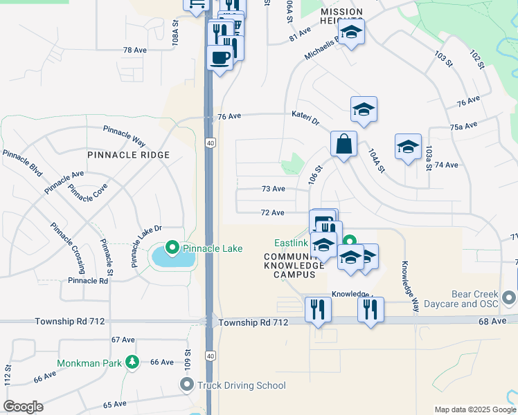 map of restaurants, bars, coffee shops, grocery stores, and more near 10730 72 Avenue in Grande Prairie