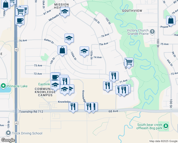 map of restaurants, bars, coffee shops, grocery stores, and more near 10358 Kateri Drive in Grande Prairie