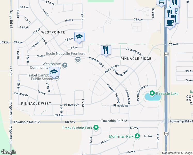 map of restaurants, bars, coffee shops, grocery stores, and more near 6 Pinnacle Lane in Grande Prairie