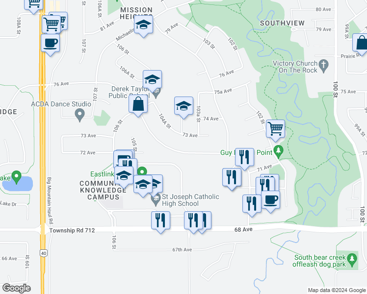 map of restaurants, bars, coffee shops, grocery stores, and more near 10378 Kateri Drive in Grande Prairie