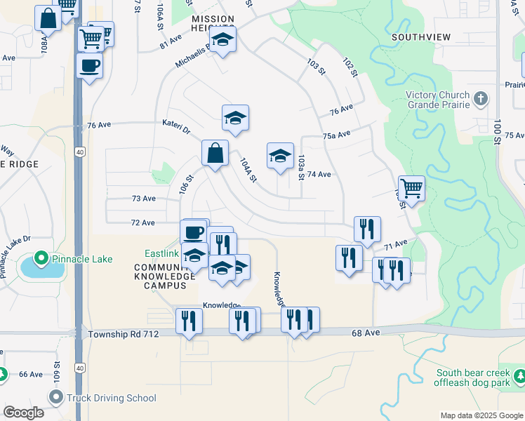 map of restaurants, bars, coffee shops, grocery stores, and more near 10422 Kateri Drive in Grande Prairie