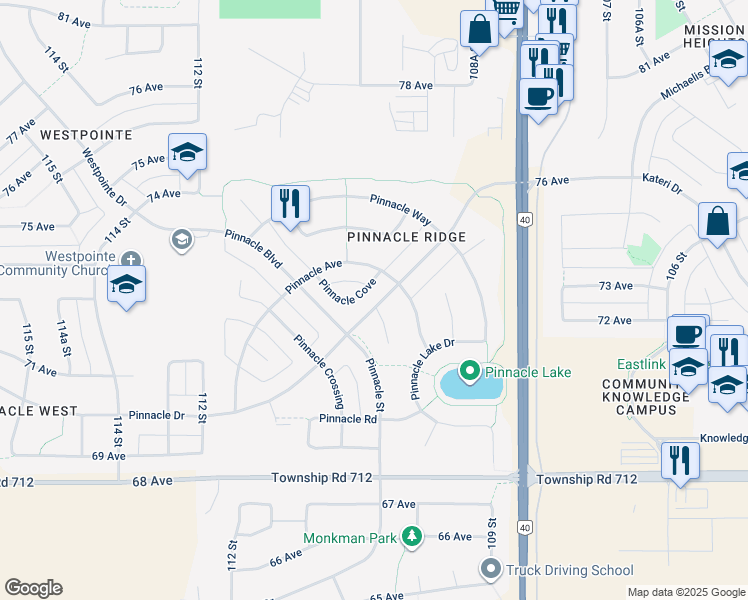 map of restaurants, bars, coffee shops, grocery stores, and more near 238 Pinnacle Drive in Grande Prairie