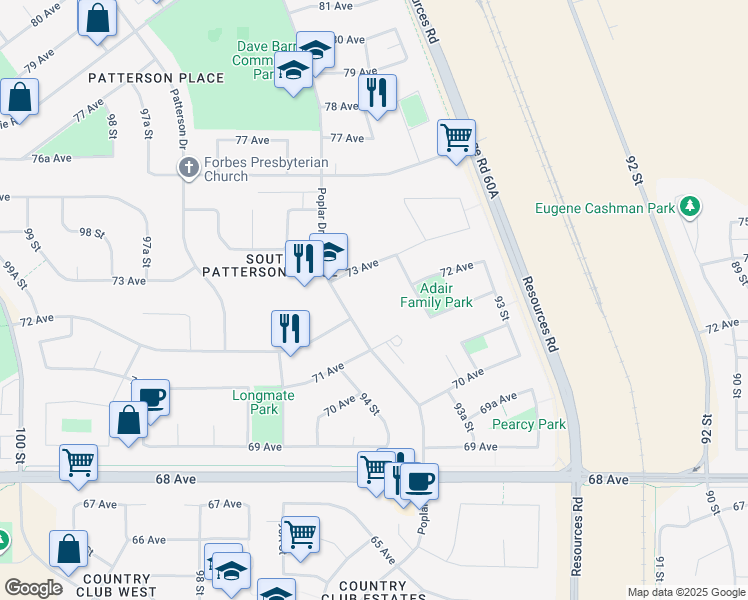 map of restaurants, bars, coffee shops, grocery stores, and more near 7201 Poplar Drive in Grande Prairie