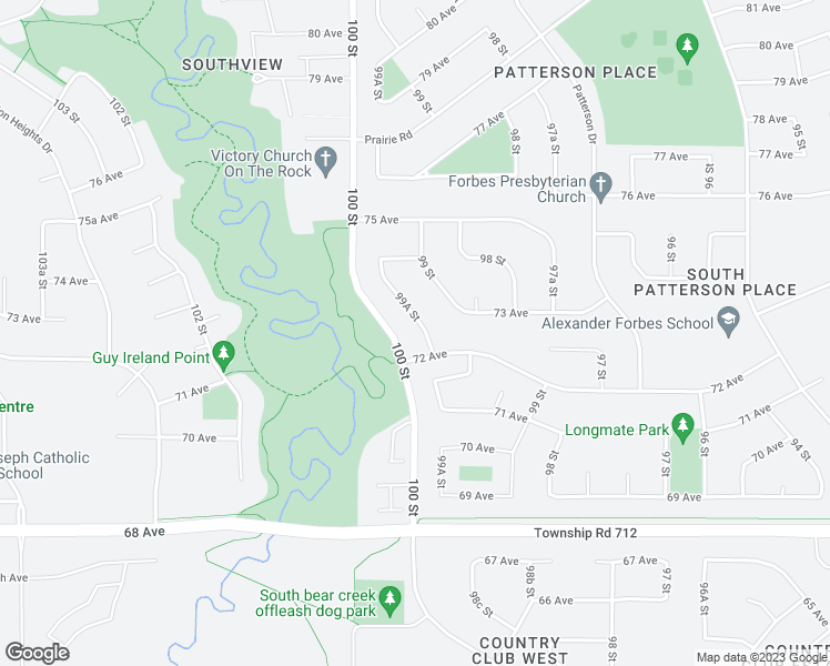 map of restaurants, bars, coffee shops, grocery stores, and more near 7210 99A Street in Grande Prairie