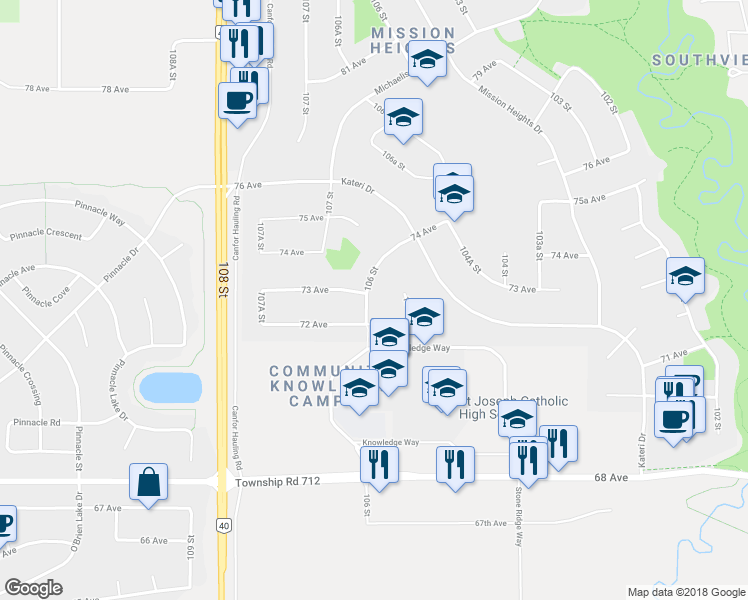 map of restaurants, bars, coffee shops, grocery stores, and more near 7215 106 Street in Grande Prairie