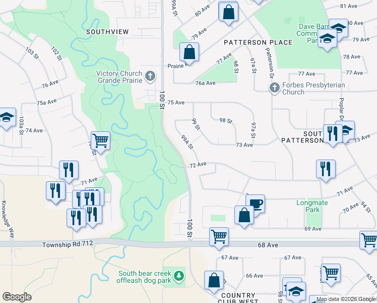map of restaurants, bars, coffee shops, grocery stores, and more near 7210 99A Street in Grande Prairie