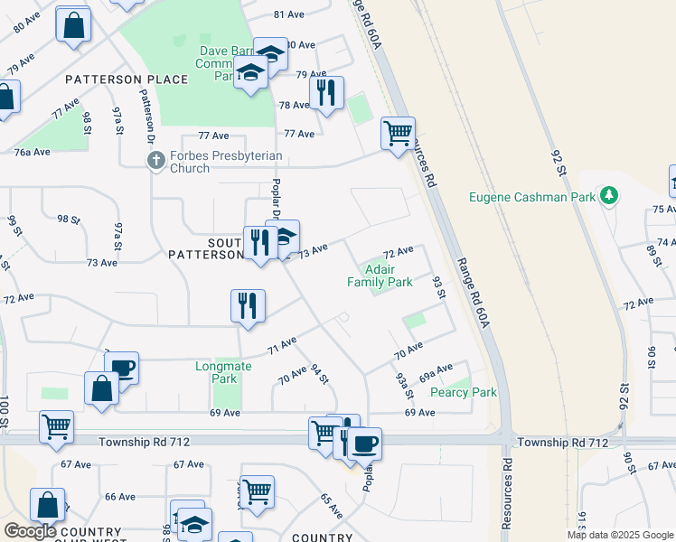 map of restaurants, bars, coffee shops, grocery stores, and more near 7201 Poplar Drive in Grande Prairie