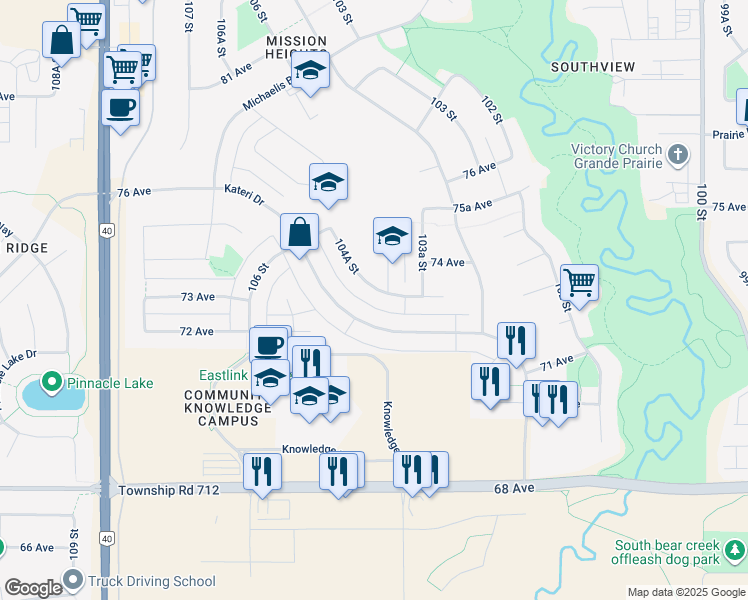 map of restaurants, bars, coffee shops, grocery stores, and more near 10422 Kateri Drive in Grande Prairie