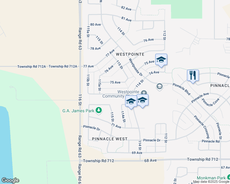 map of restaurants, bars, coffee shops, grocery stores, and more near 11410 73 Avenue in Grande Prairie