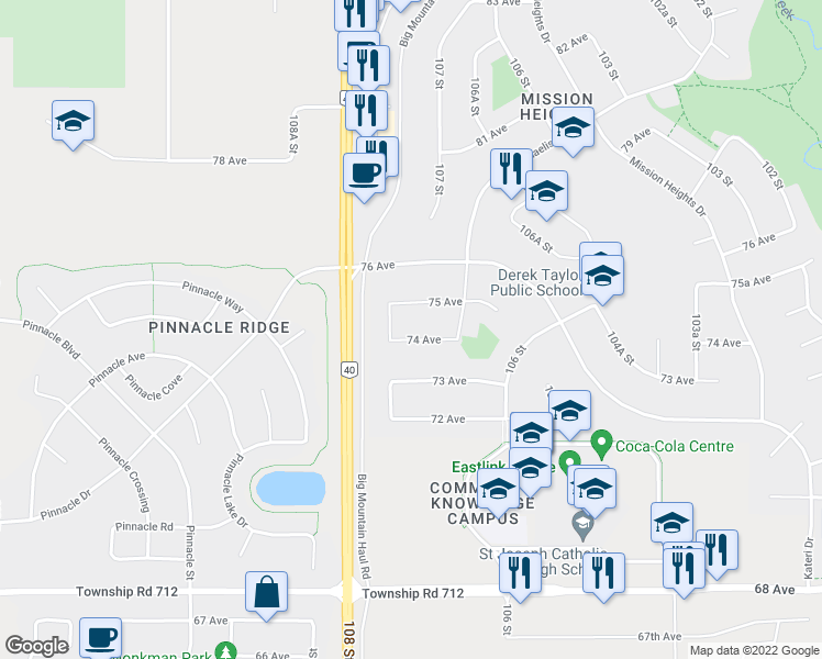 map of restaurants, bars, coffee shops, grocery stores, and more near 10740 74 Avenue in Grande Prairie