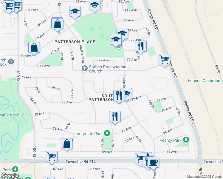 map of restaurants, bars, coffee shops, grocery stores, and more near 9550 74 Avenue in Grande Prairie