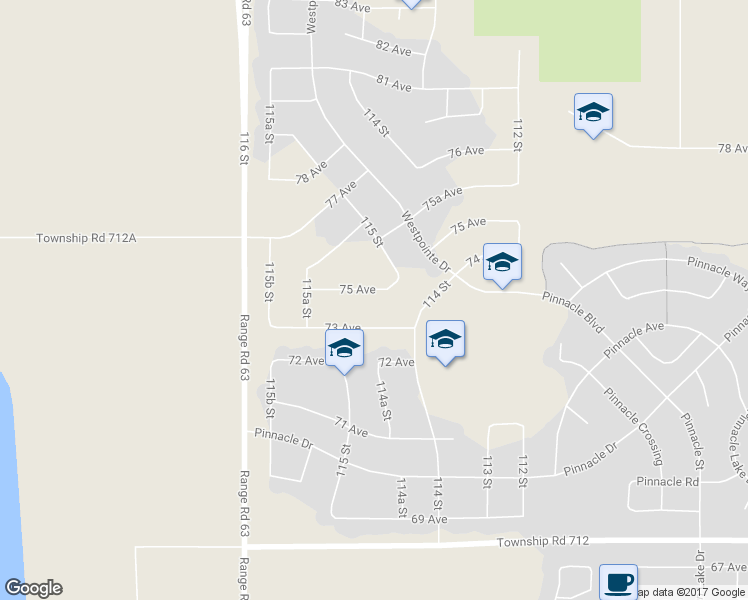 map of restaurants, bars, coffee shops, grocery stores, and more near 11525 75 Avenue in Grande Prairie