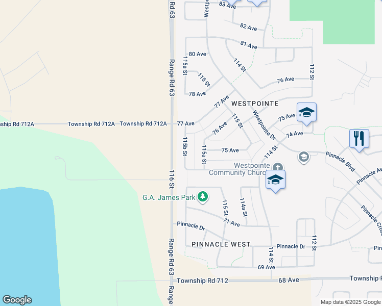 map of restaurants, bars, coffee shops, grocery stores, and more near 7421 115B Street in Grande Prairie