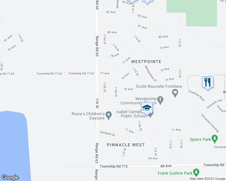 map of restaurants, bars, coffee shops, grocery stores, and more near 7426 115A Street in Grande Prairie