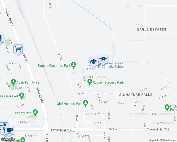 map of restaurants, bars, coffee shops, grocery stores, and more near 8855 75 Avenue in Grande Prairie
