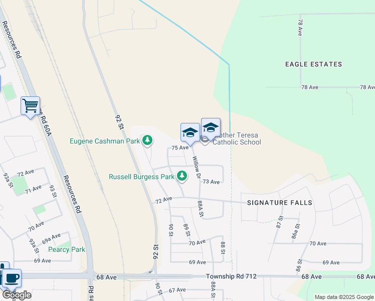 map of restaurants, bars, coffee shops, grocery stores, and more near 7430 Willow Drive in Grande Prairie