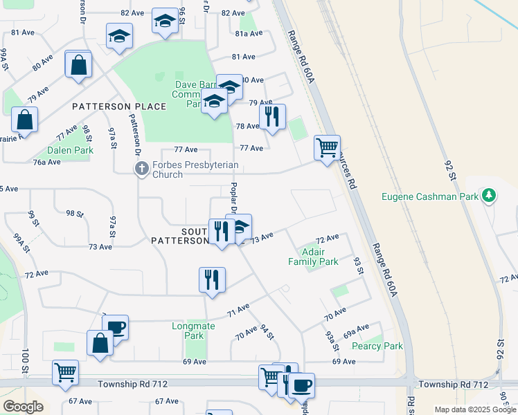 map of restaurants, bars, coffee shops, grocery stores, and more near 7401 Poplar Drive in Grande Prairie